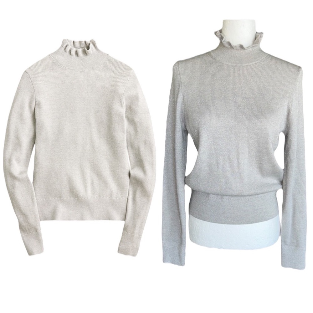 NEW J. Crew Metallic Silver Ribbed Ruffleneck Merino Wool Crop Sweater - M